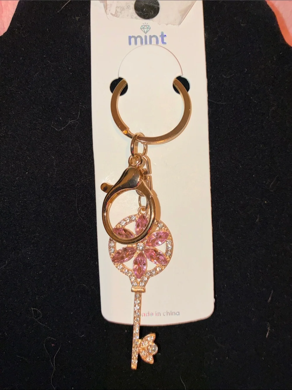 Mint Gold-Tone Key Charm with Pink Crystal Flower